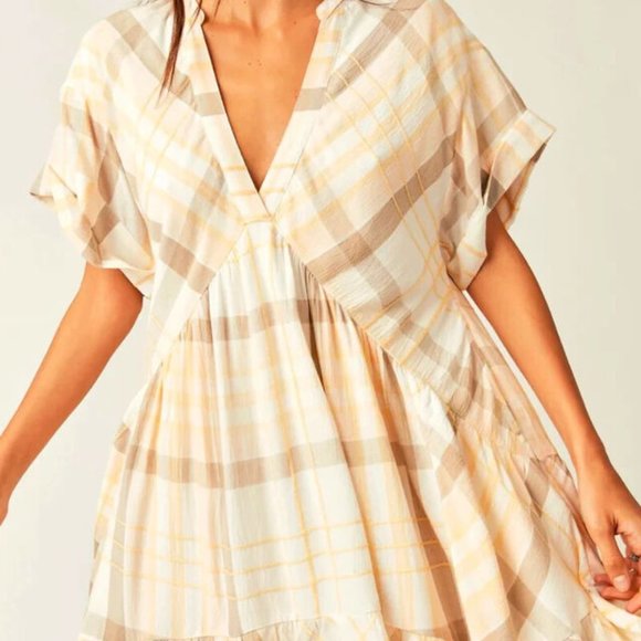 Free People Agnes Plaid Mini V Neck Dress New S - Picture 3 of 3